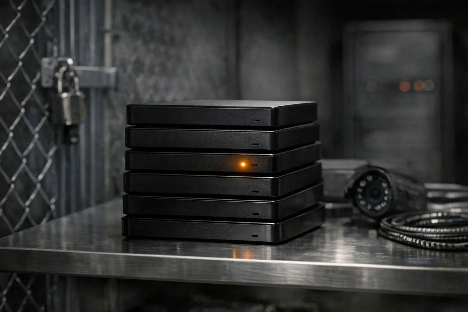 Stacked hard drives in a secure storage room with one drive glowing, symbolising safe data backups — crontab examples linux