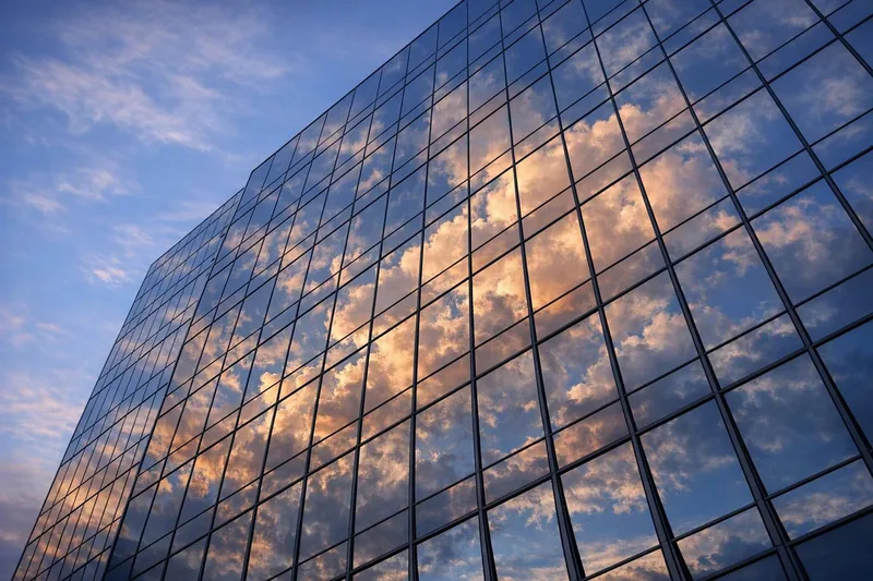 Soft evening clouds reflected in the glass facade of a modern office building at dusk — how to keep wordpress secure