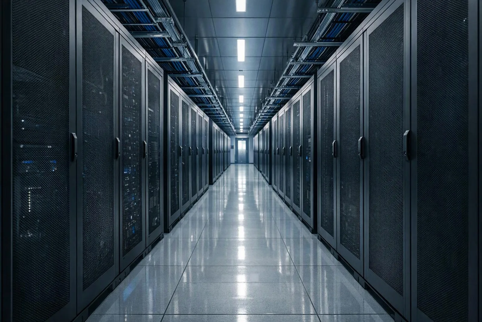 Modern data center corridor in India with rows of server racks under cool blue-white lighting — how to edit wordpress website content
