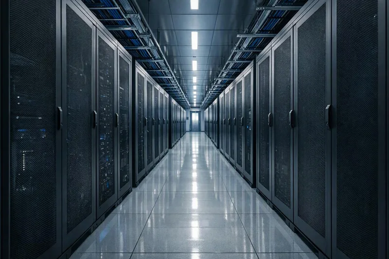 Modern data center corridor in India with rows of server racks under cool blue-white lighting — how to edit wordpress website content