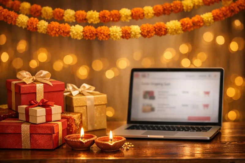 Festive Diwali scene with marigold garlands, gift boxes, diyas and a laptop with a shopping cart — minify css and js wordpress