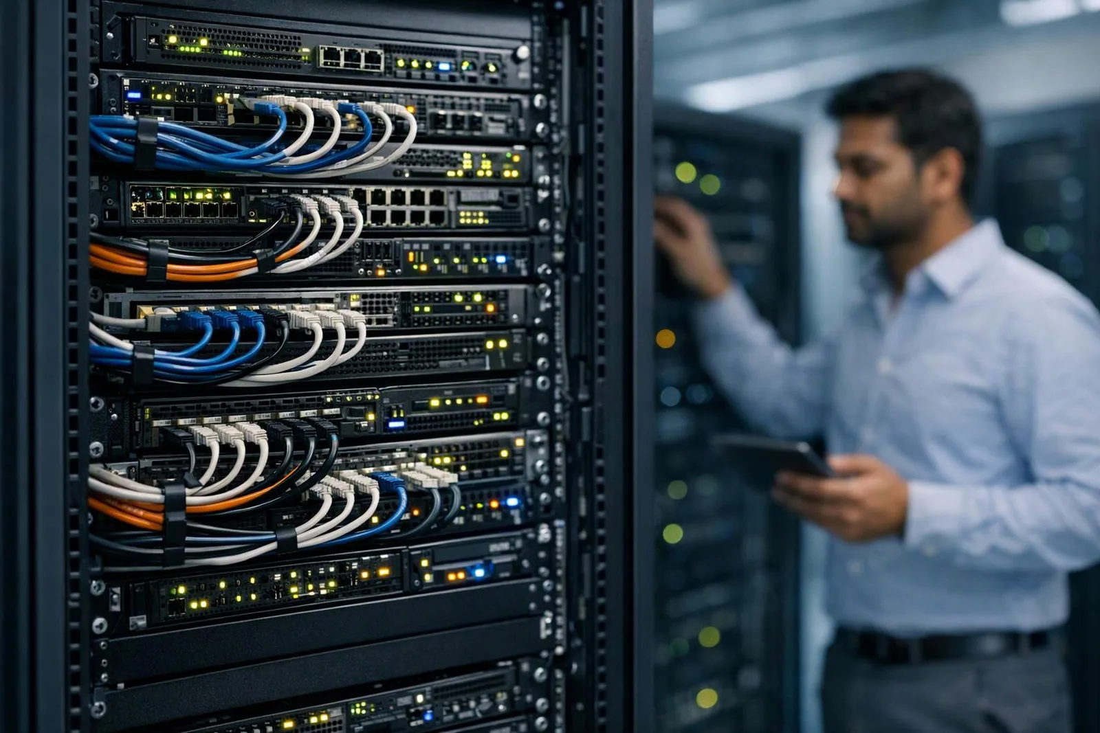 Indian data center engineer inspecting a fully populated enterprise server rack — disable comments wordpress