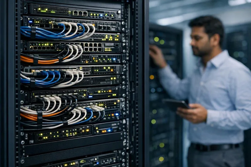 Indian data center engineer inspecting a fully populated enterprise server rack — disable comments wordpress