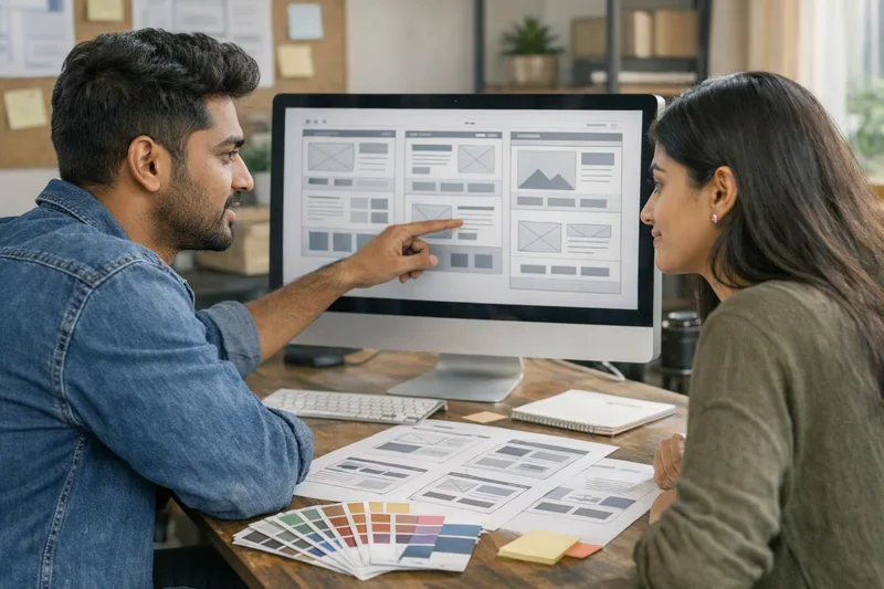 Indian designers reviewing website wireframes together on a studio monitor — error establishing database connection fix