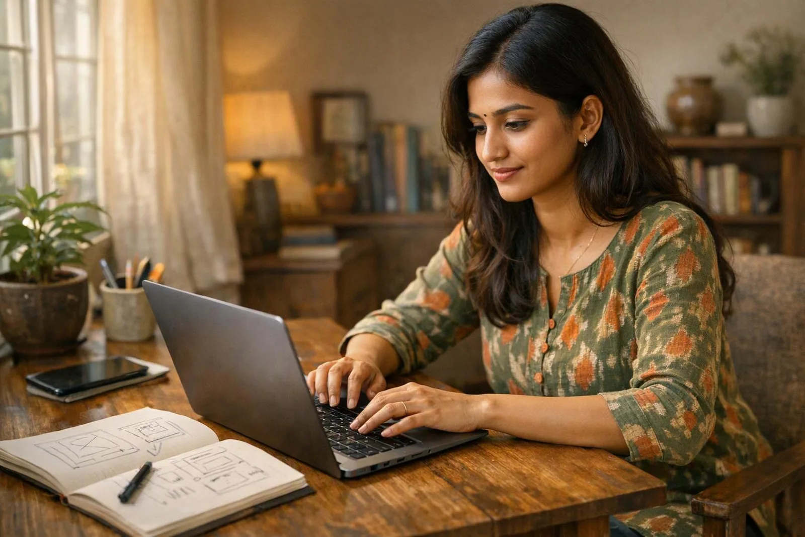 Young Indian woman in a kurti registering a domain name on her laptop at a wooden desk with a sketch notebook — how to install ssl certificate on apache