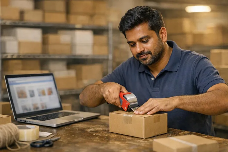 Indian small-business owner packing courier boxes beside a laptop running his online store — how to create a menu in wordpress