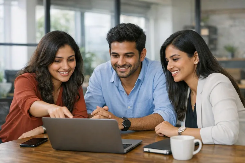 Small Indian startup team gathered around a laptop discussing their email inbox — install wordpress on directadmin
