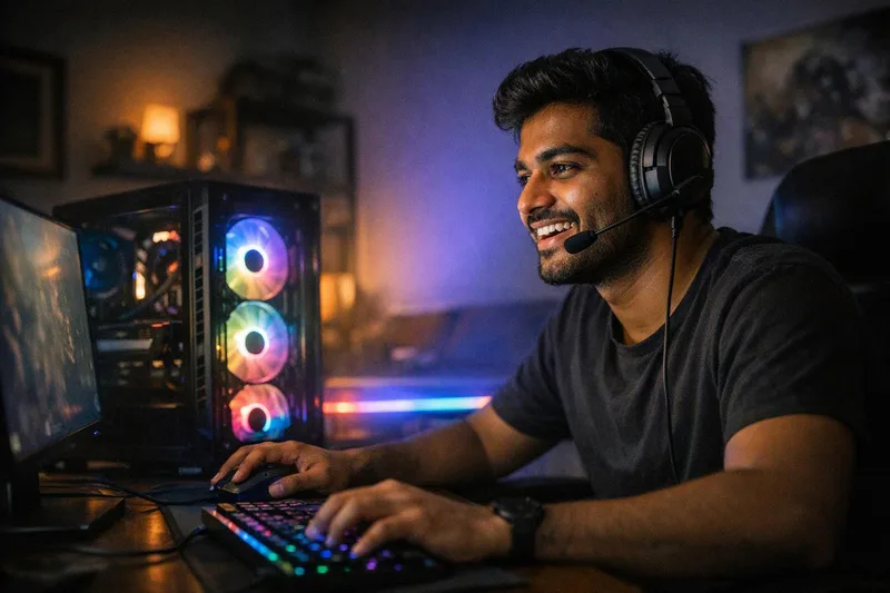 Young Indian gamer with a headset at an RGB-lit gaming PC in a dark room — how to deploy website with git