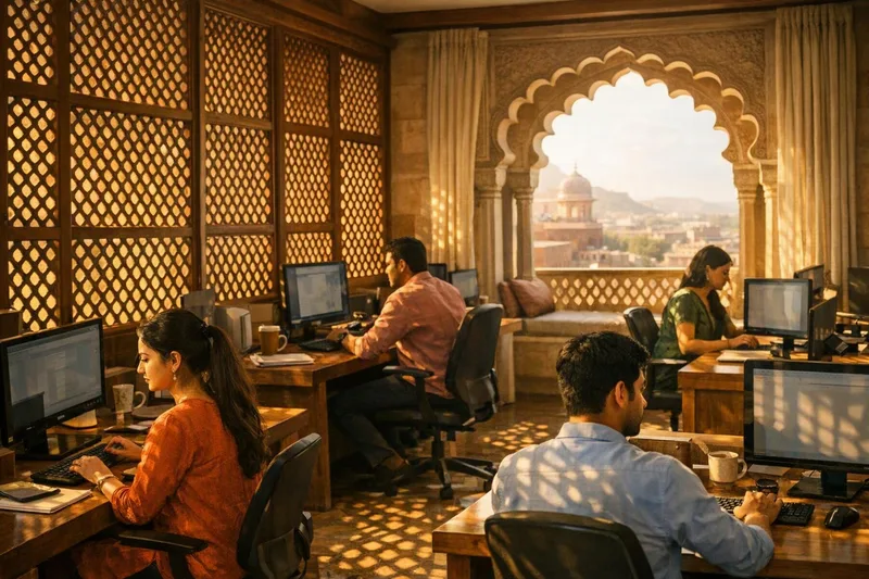 Warm modern Jaipur office interior with jaali lattice screens and an Indian team at work — benefits of cloud computing