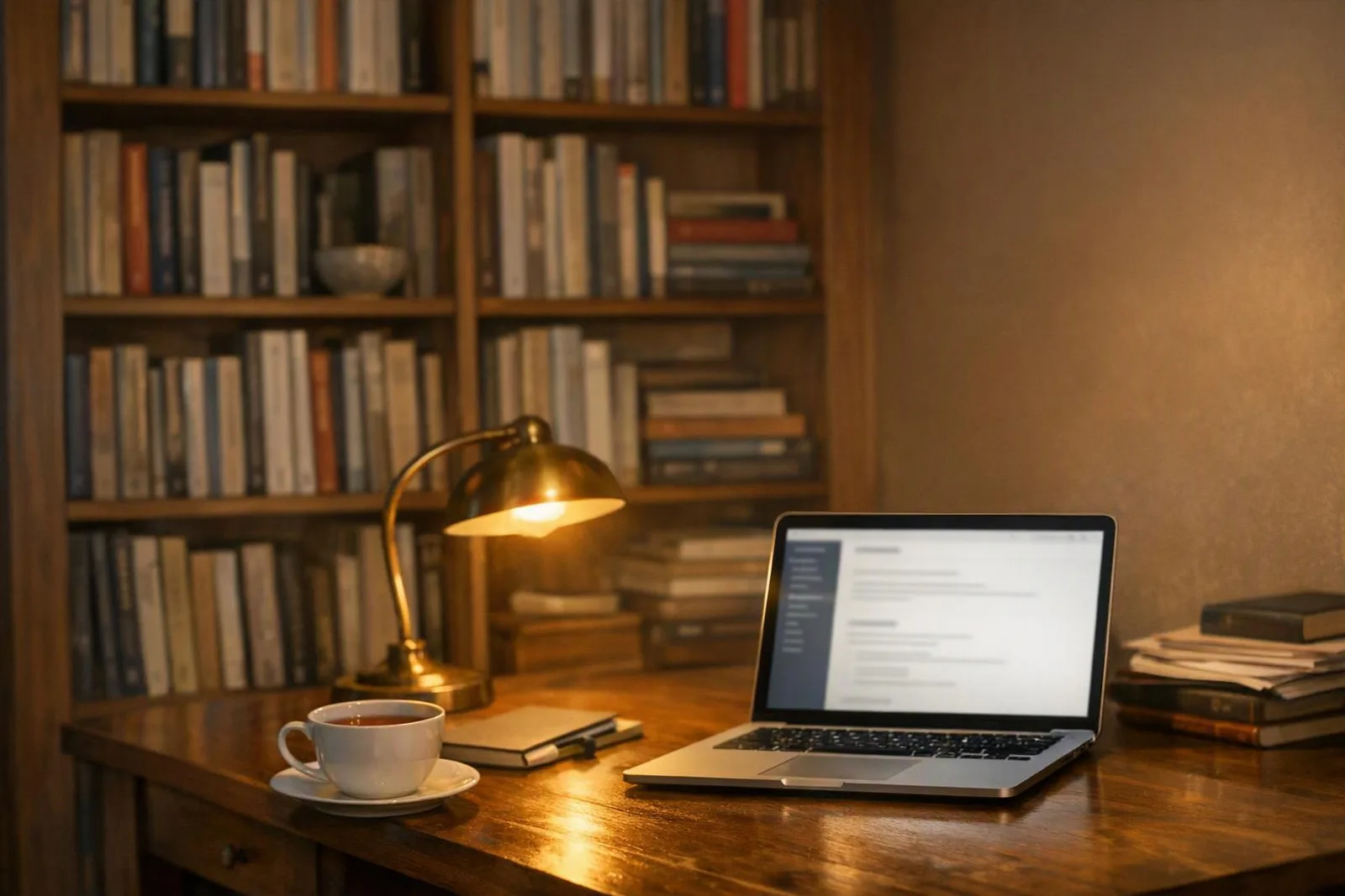 Bookshelf and laptop showing a documentation site beside a warm reading lamp — authorization code for domain transfer