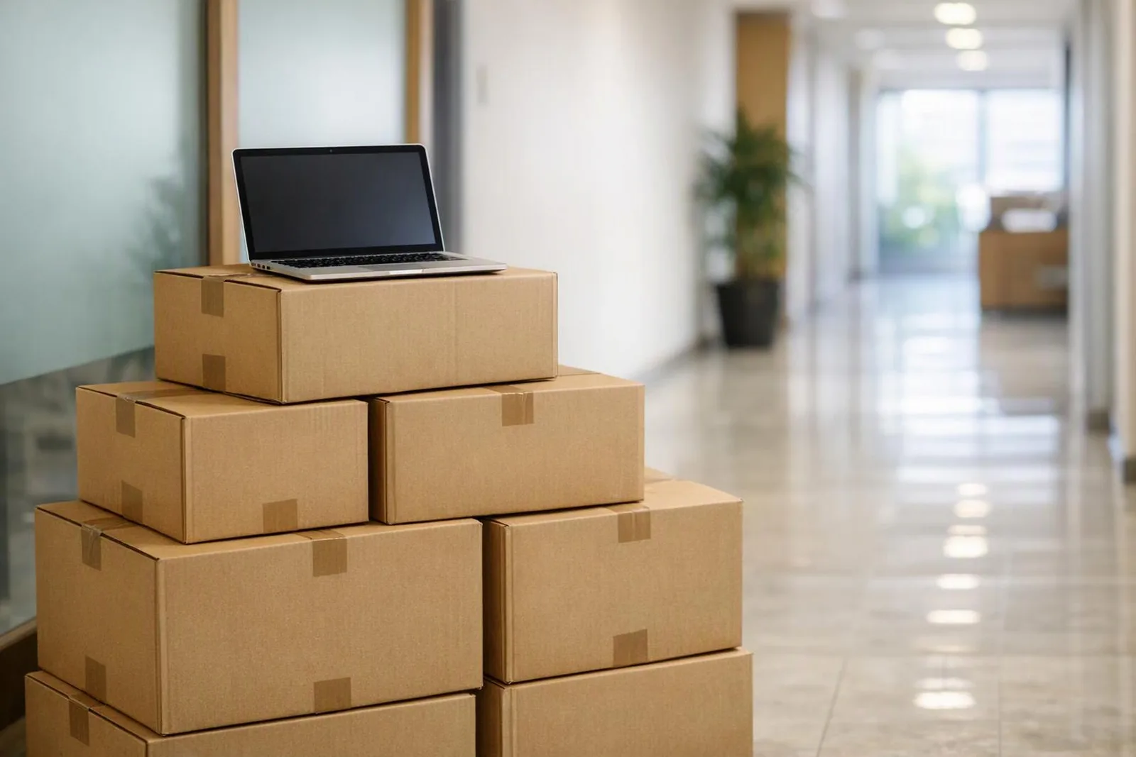 Sealed cardboard moving boxes with a laptop in an office hallway, symbolising website migration — how to install wordpress theme