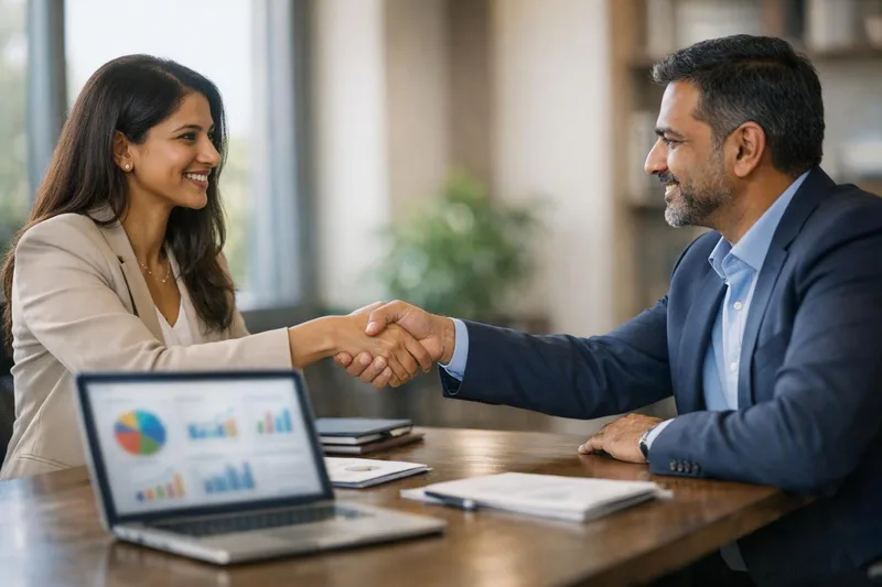 Indian business partners shaking hands across a desk with a dashboard open on a laptop — how to change php version in cpanel