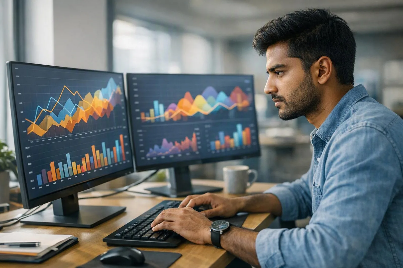 Focused Indian analyst studying analytics charts across two monitors — redis object cache wordpress