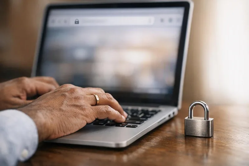 Indian man's hands typing on a laptop with a metal padlock beside it, symbolising HTTPS security — how to create minecraft server