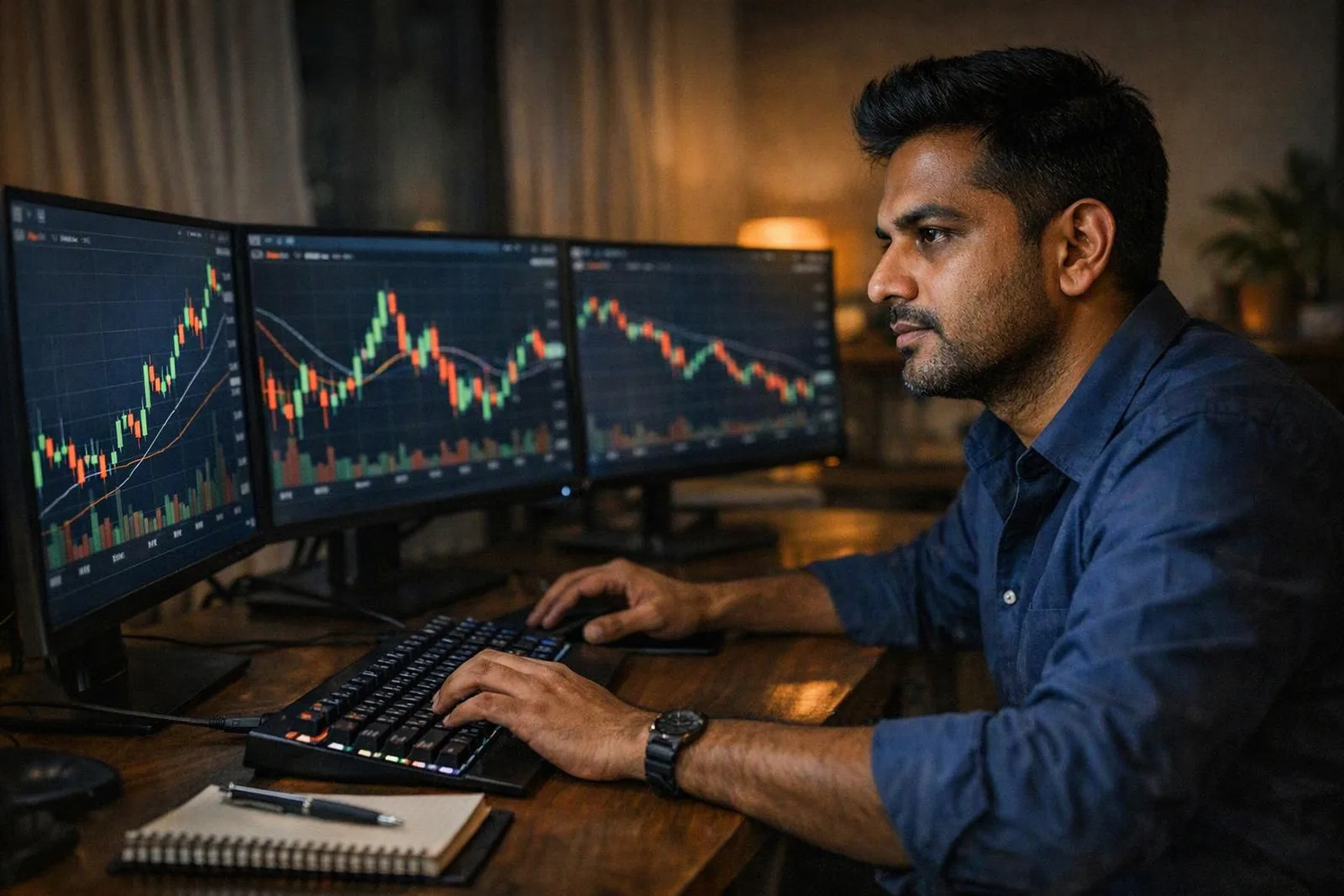 Indian trader monitoring candlestick charts on multiple screens in evening light — ssh two factor authentication