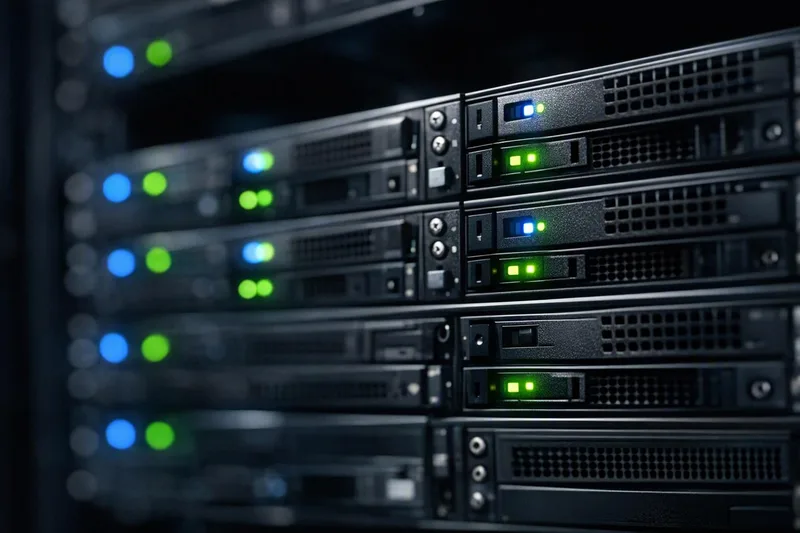 Close-up of rack-mounted servers with glowing blue and green status LEDs, shallow depth of field — best wordpress backup plugin