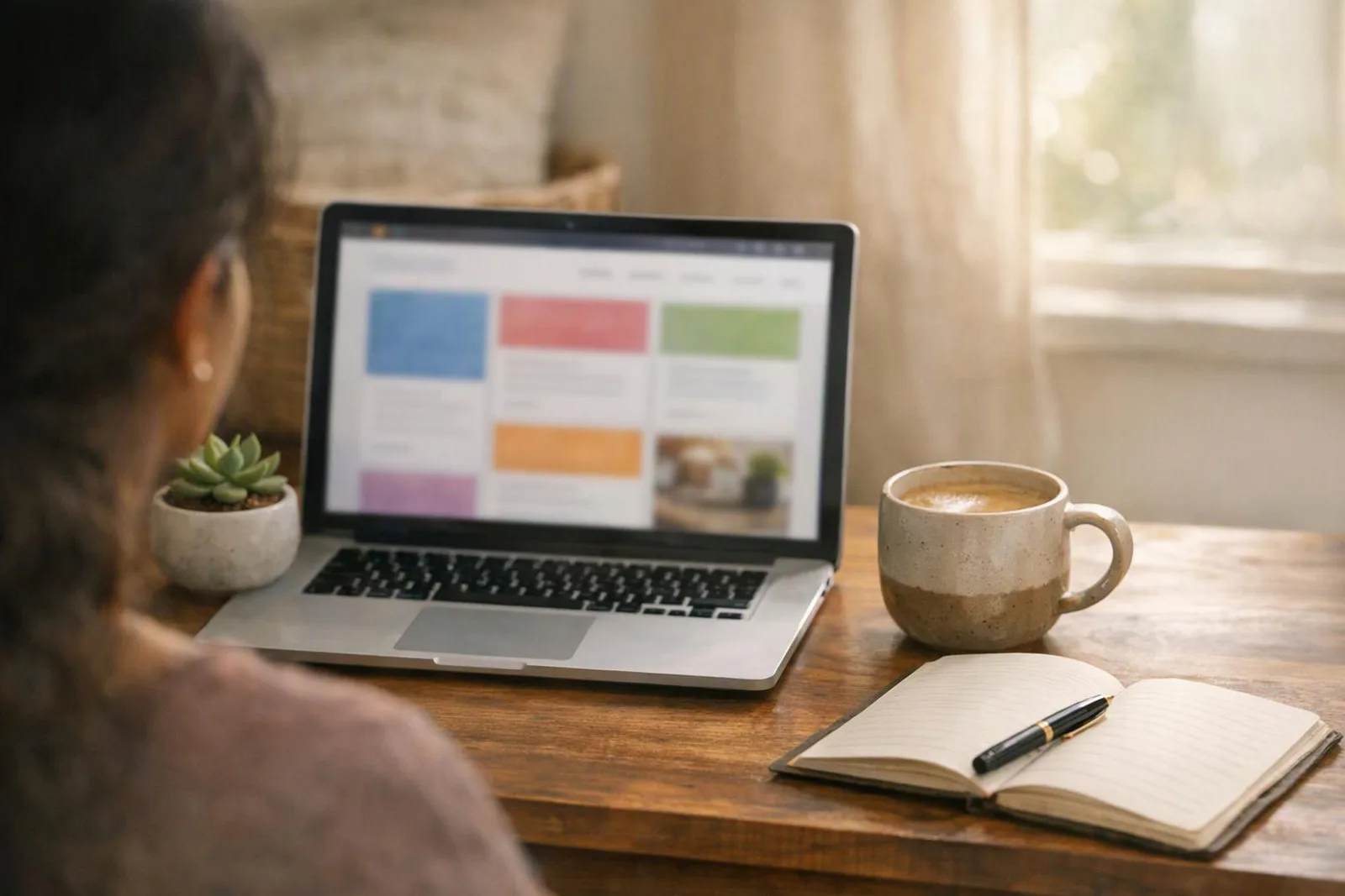 Indian freelancer's desk with a laptop showing a website, potted plant and coffee in warm window light — wordpress hosting agra